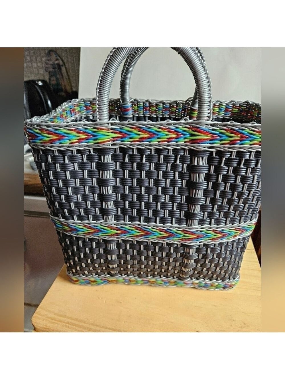 Vintage Fair Trade Black Multi-coloured Weaved Plastic Basket Bag